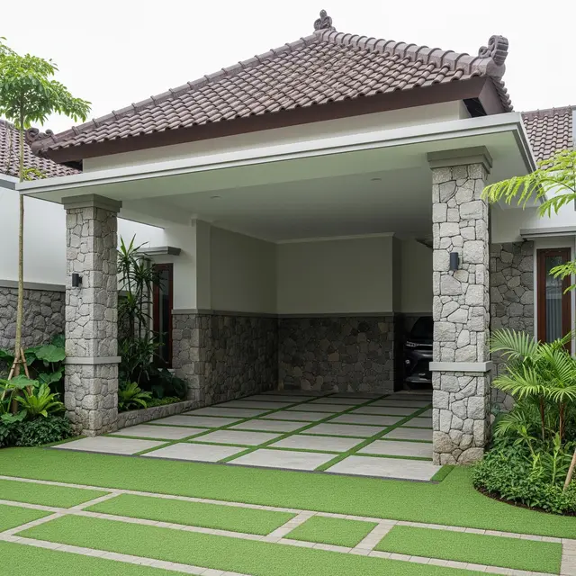 Carport Batu Andesit Kombinasi Rumput Sintetis