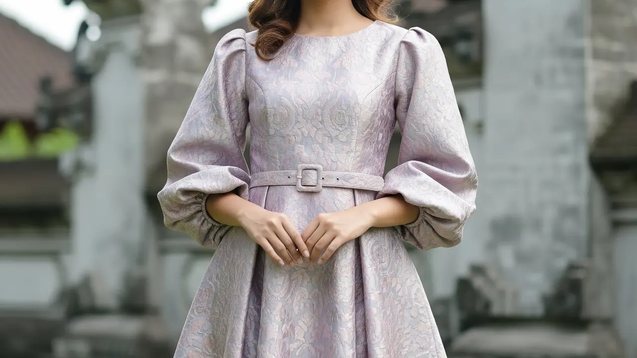 Long Dress Brokat Monokrom A-Line dengan Lengan Balon dan Aksen Sabuk