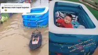 Orang tua hibur anak saat banjir dengan main kapal-kapalan (Sumber: TikTok/riskiaguss)