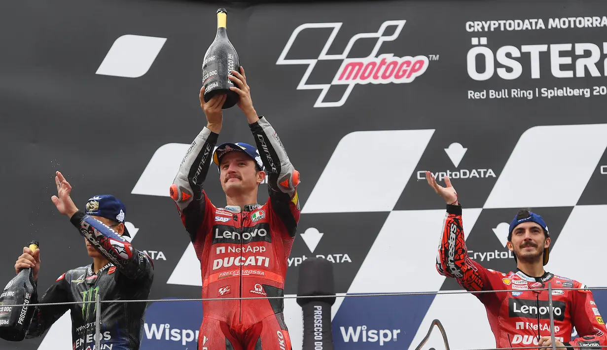 Secara keseluruhan, Francesco Bagnaia sudah lima kali menjadi juara pada MotoGP 2022. Jumlah itu membuat Bagnaia sejauh ini menjadi pembalap yang paling sering juara musim ini. (AFP/Vladimir Simicek)
