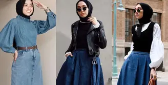 Intip referensi padu padan hijab dengan rok jeans berikut ini untuk inspirasi OOTD yang kece. (Instagram/meiraniap/elifd0gan).