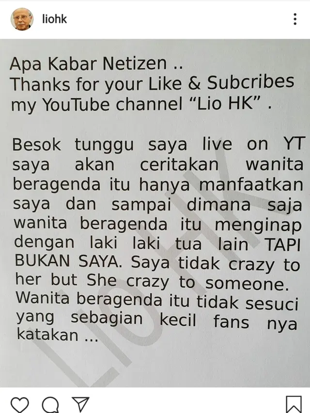 Unggahan ayah angkat Syahrini. (Foto: Instagram @liohk)