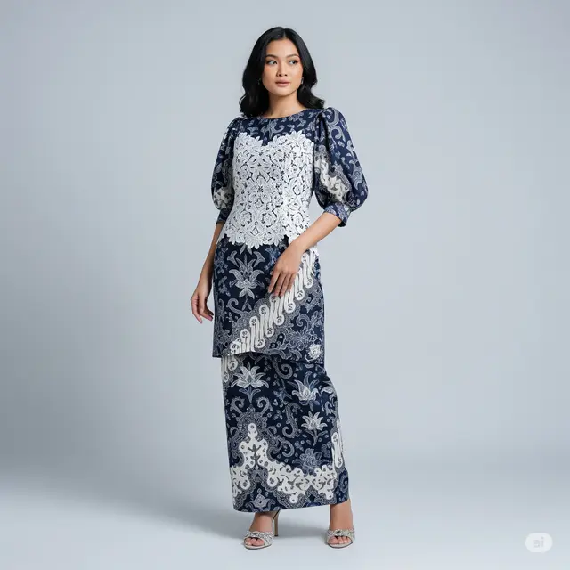 Model Batik Long Dress Kombinasi Brokat Lengan Puff.