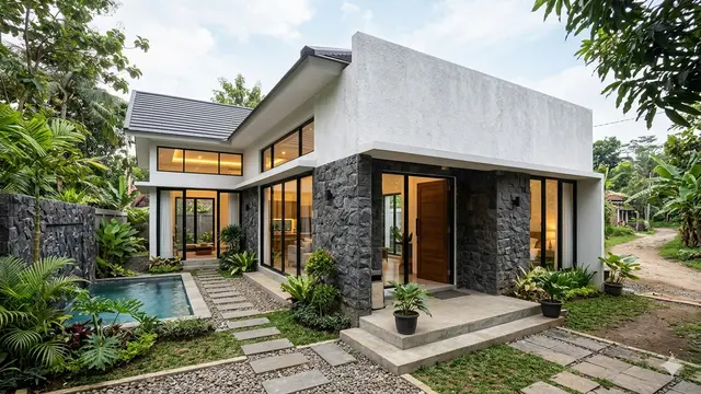 Desain Rumah Desa Adem dengan Taman Samping dan Dinding Batu Alam. Gemini