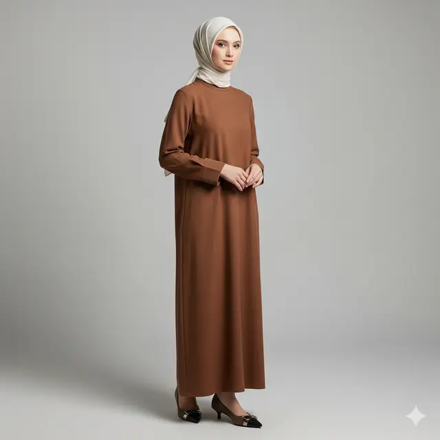 Inspirasi Dress Panjang Polos Minimalis Kombinasi Kerudung Muslim.