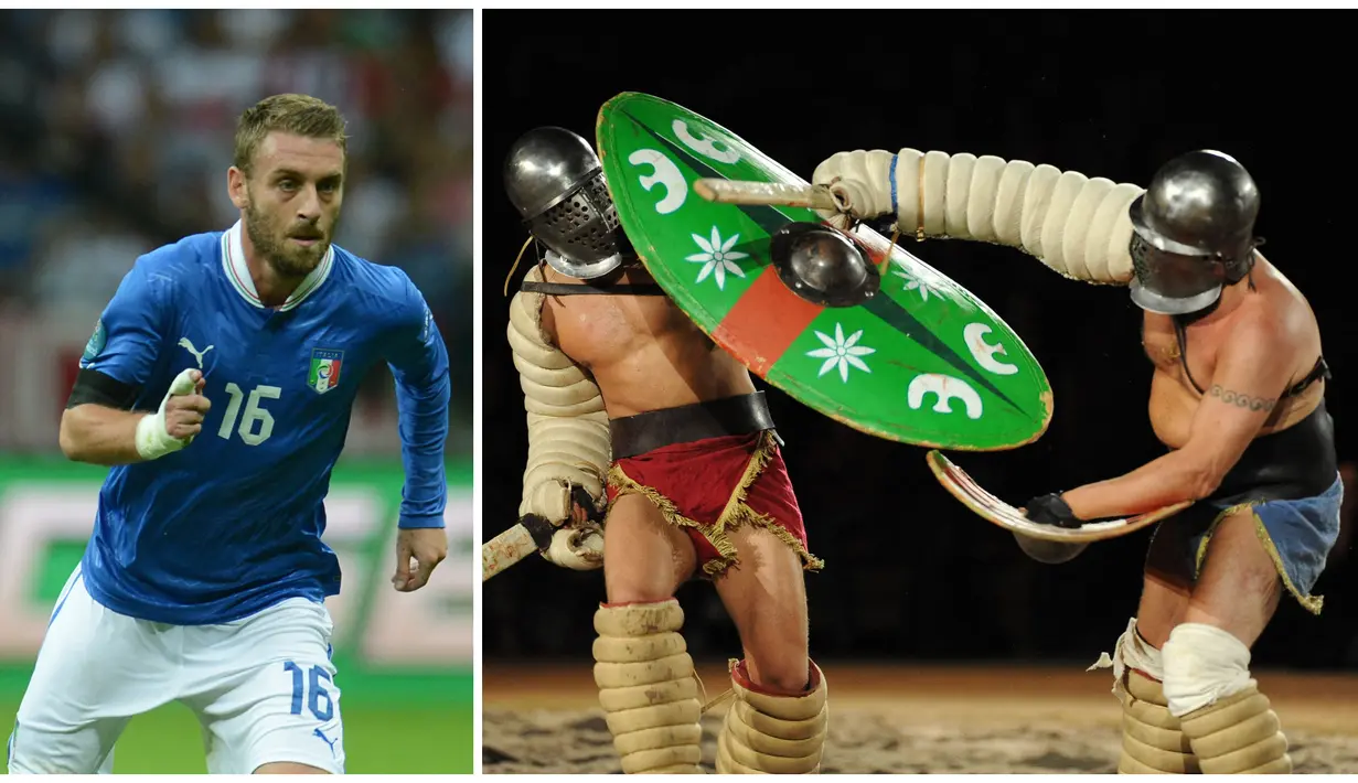 Pendapat lain bahwa gaya berpakaian De Rossi ini meniru gaya Gladiator yang terkenal di Roma. Tapi lagi-lagi statement ini tak bisa dibenarkan. (Foto Kolase: AFP/Patrik Stollarz dan AFP/DPA/Harald TIttel)