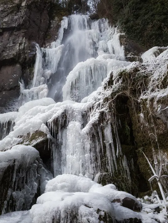 Suasana air terjun  Nideck yang membeku di Oberhaslach, Prancis timur (27/2). Cuaca dingin di Siberia yang dijuluki "The Beast from the East" membuat suhu di sebagian Eropa menurun. (AFP Photo/Patrick Hertzog)