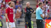 Erik Ten Hag memberikan kesempatan kepada Christian Eriksen untuk melakukan debutnya sebagai pengganti Anthony Martial pada menit ke-68. (AP/NTB Scanpix/Stian Lysberg Solum)
