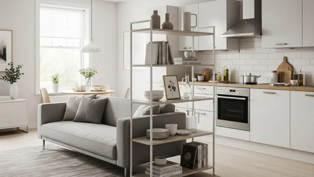Desain Ruang Keluarga dan Ruang Dapur Tanpa Sekat di Rumah Kecil (AI)
