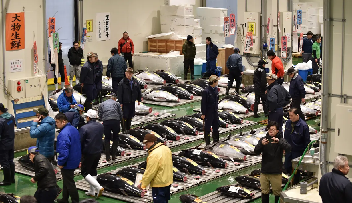 Orang-orang menghadiri tradisi lelang Tahun Baru di Pasar ikan Toyosu, Tokyo, Minggu (5/1/2020). Lelang terbesar ini digelar pertama usai Tahun Baru, di mana pembeli dari toko grosir hingga taipan sushi akan datang untuk mencari ikan terbaik. (Kazuhiro NOGI / AFP)