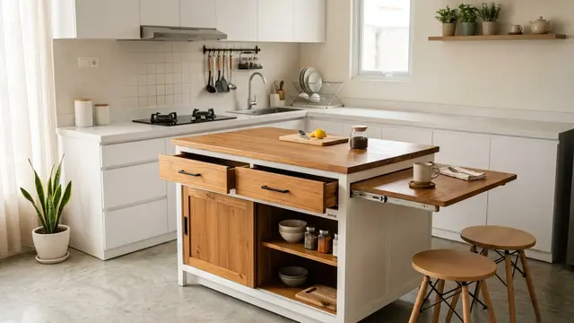Desain Dapur Kecil dengan Banyak Penyimpanan agar Meja Tetap Rapi (AI Generated)