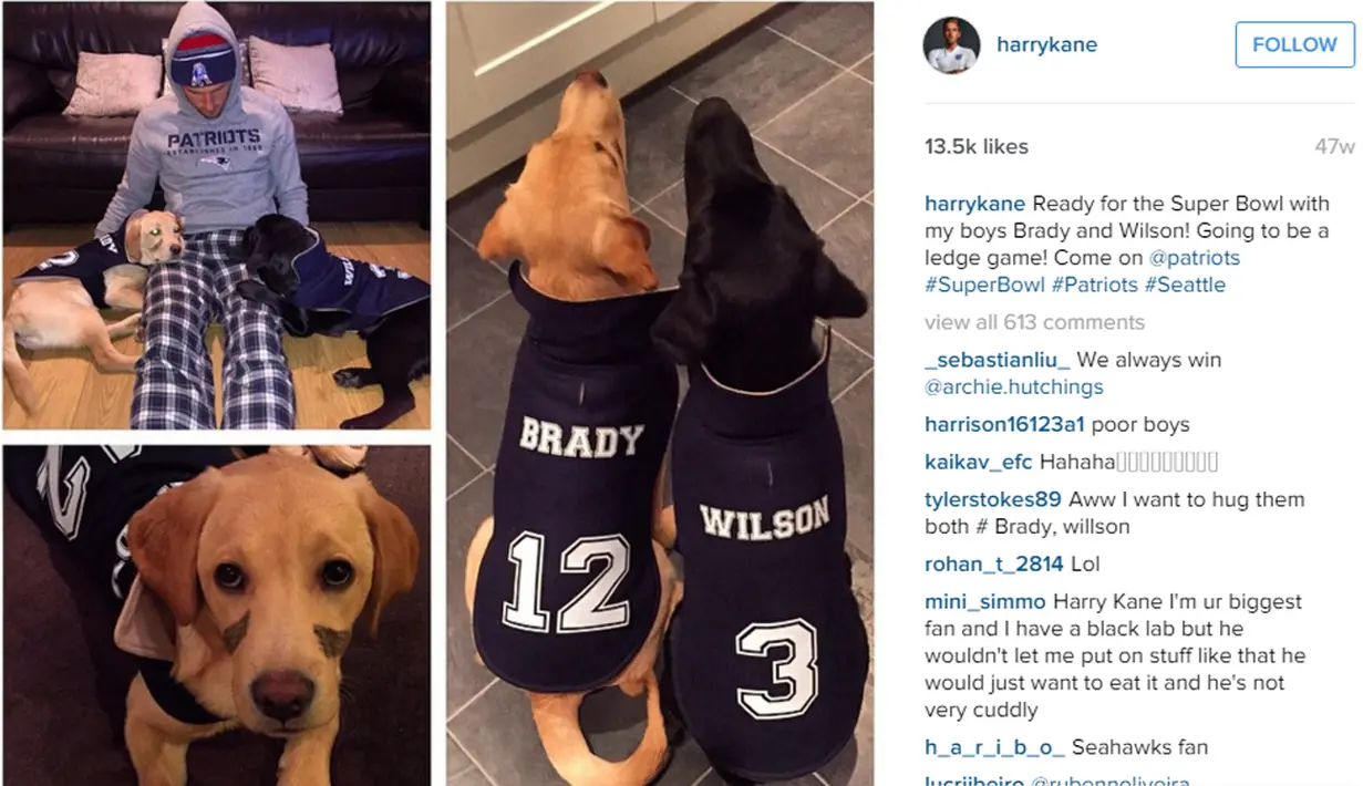 Pemain Tottenham Hotspurs, Harry Kane memiliki dua sahabat yaitu Brady dan Wilson yang menemaninya menonton pertandingan superbowl. (Photo/Instagram) 