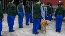 Seekor anjing berdiri di antara anak-anak Tibet di pengasingan selama pertemuan pagi di Sekolah Hari Desa Anak-anak Tibet di Dharmsala, India (24/3/2022). Kehidupan sekolah perlahan kembali normal setelah sempat terganggu akibat pandemi COVID-19. (AP Photo/Ashwini Bhatia)