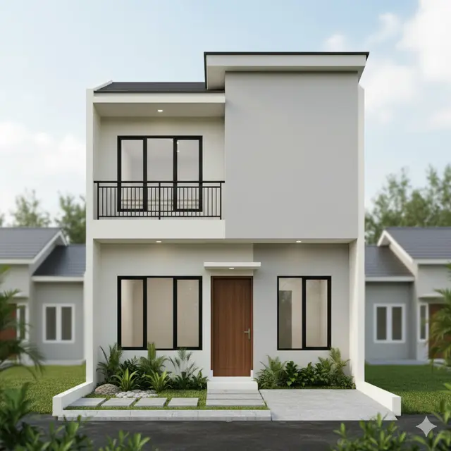 Model Rumah 2 Lantai Hemat Biaya dengan Atap Datar. Gemini