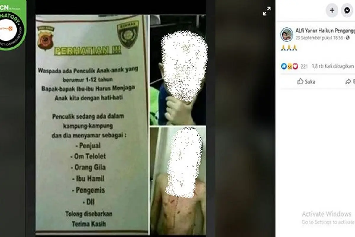Gambar Tangkapan Layar Poster Hoaks Berisi Imbauan Waspada Penculikan Anak