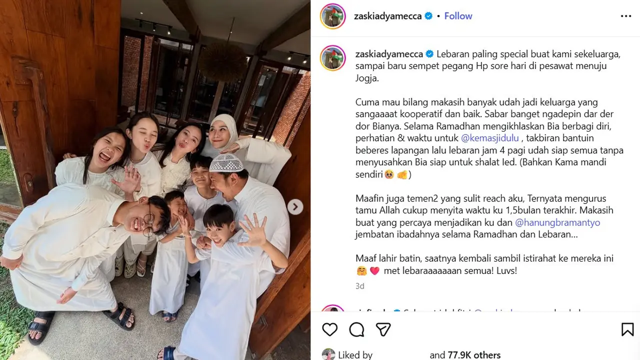 Unggahan Zaskia Adya Mecca. (https://www.instagram.com/zaskiadyamecca/)