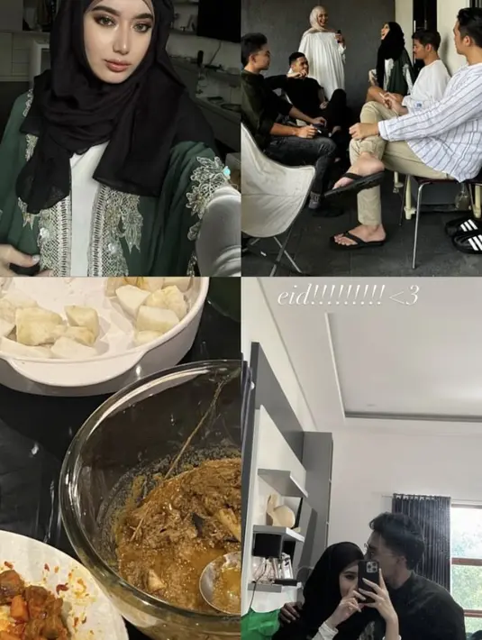 Tengku Anataya anak Cindy Fatikasari merayakan lebaran untuk pertama kalinya bersama suami. Ia tampil dengan kerudung hitam dipadukan outer hijau berbordir dengan inner putih. [@osnapitzcha]