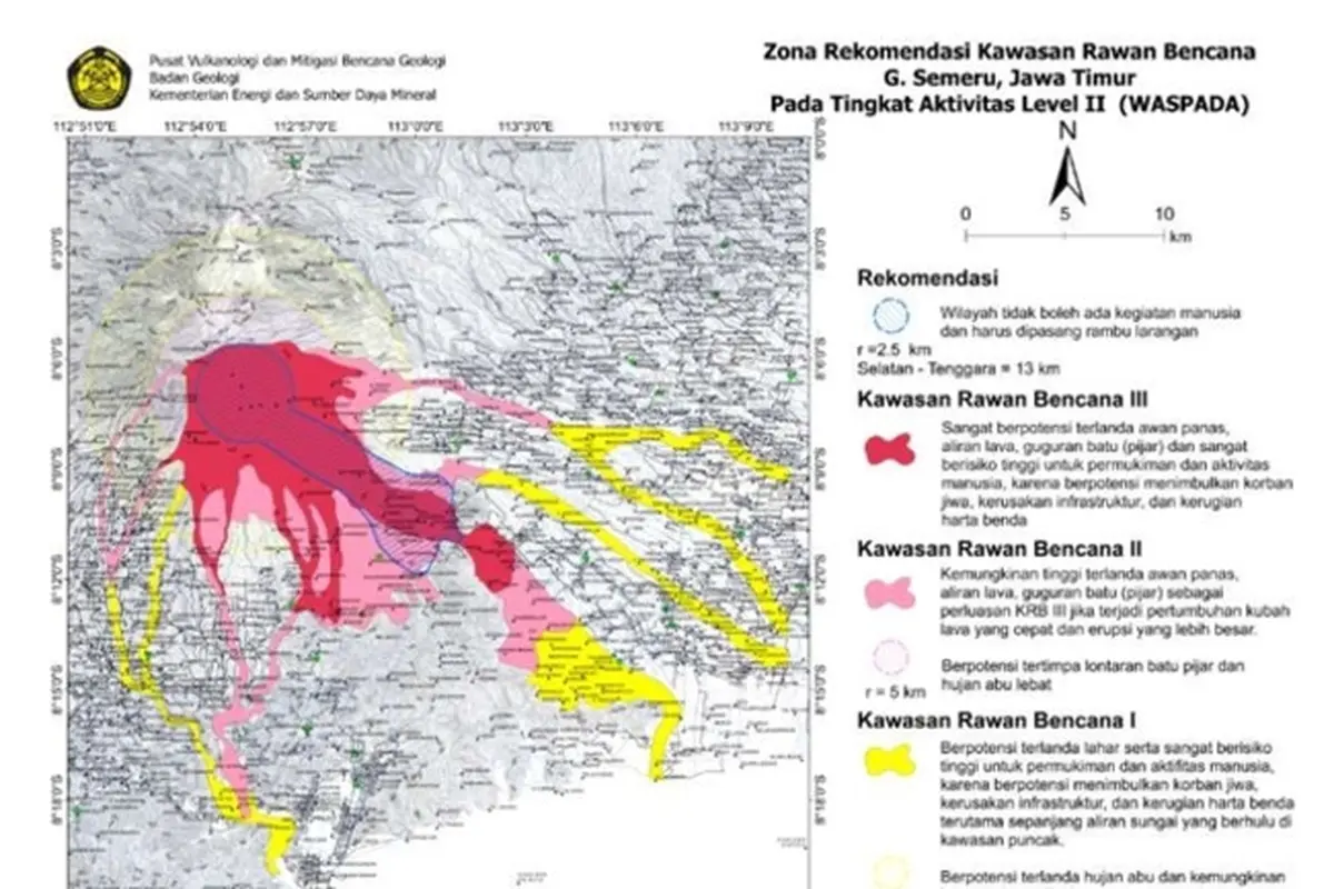 Tangkap layar zona rekomendasi kawasan rawan bencana Gunung Semeru, Jawa Timur (PVMBG Badan Geologi)