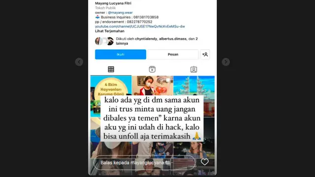 Akun Instagram Mayang Kembali Diretas