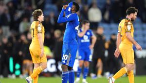 Patson Daka dari Leicester City bereaksi setelah pertandingan English Championship melawan Hull City di Leicester, Inggris, Selasa, 21 April 2026. (Jacob King/PA via AP)