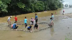 Anak-anak  menangkap ikan pada aliran Sungai Ciliwung di kawasan Bendungan Katulampa, Bogor, Minggu (15/5/2022). Kegiatan bermain sambil mengenalkan alam kawasan daerah aliran sungai (DAS) Ciliwung seperti hiking, menangkap ikan dan rafting yang diadakan oleh Hiking Bocah ini dilakukan setiap akhir pekan dengan biaya Rp 115 ribu/paket anak. (merdeka.com/Arie Basuki)