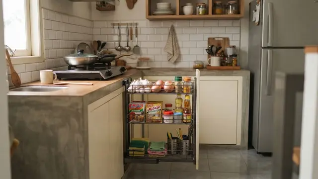 Desain Dapur Kecil dengan Kabinet Tarik di Celah Sempit
