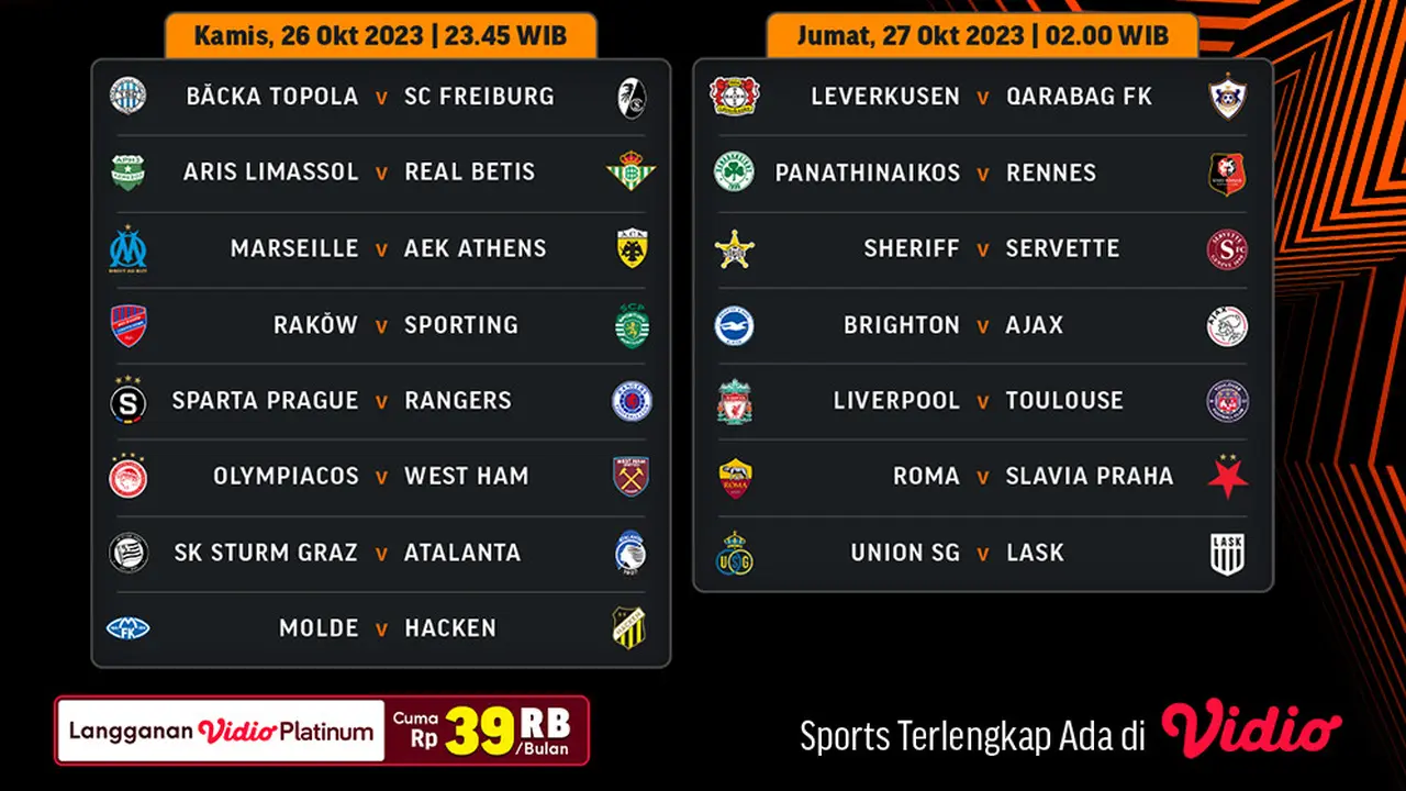 Jadwal dan Link Streaming UEL 2023/24 Group Stage Week 3 di Vidio