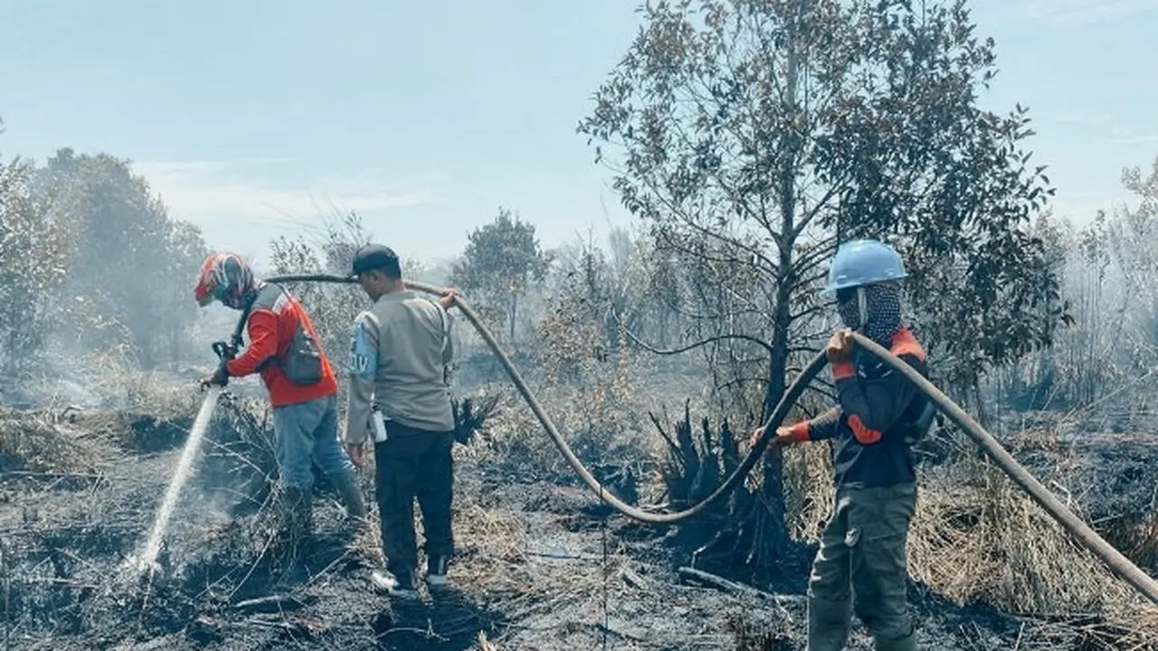 Personel Satgas Karhutla Riau memadamkan kebakaran lahan beberapa waktu lalu.
