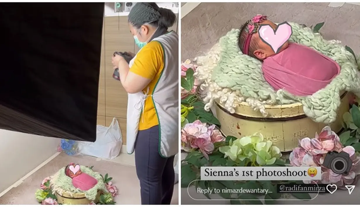 Usianya baru 1 hari, anak Nimaz Dewantary dan Radifan Mirza langsung melakukan pemotretan baby born. Tidak ditutupi, bintang sinetron Namaku Mentari langsung ungkap wajah anak perempuannya yang bernama Sienna itu. Selain dari sahabat dan keluarga, doa dan ucapan dari warganet juga ramai diucapkan lewat DM (Direct Message) Instagram Nimaz Dewantary. (Liputan6.com/IG/@nimazdewantary)