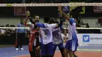 Pemain Jakarta Pertamina Energi merayakan kemenangan atas Palembang Bank Sumselbabel dalam ajang Proliga 2019 di GOR Among Rogo, Yogyakarta, Minggu (24/12). JPE menang 3-1 atas PBS. (Bola.com/Yoppy Renato)