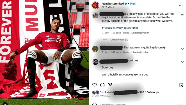 Marcus Rashford memamerkan jersey baru MU musim 2023-2024.