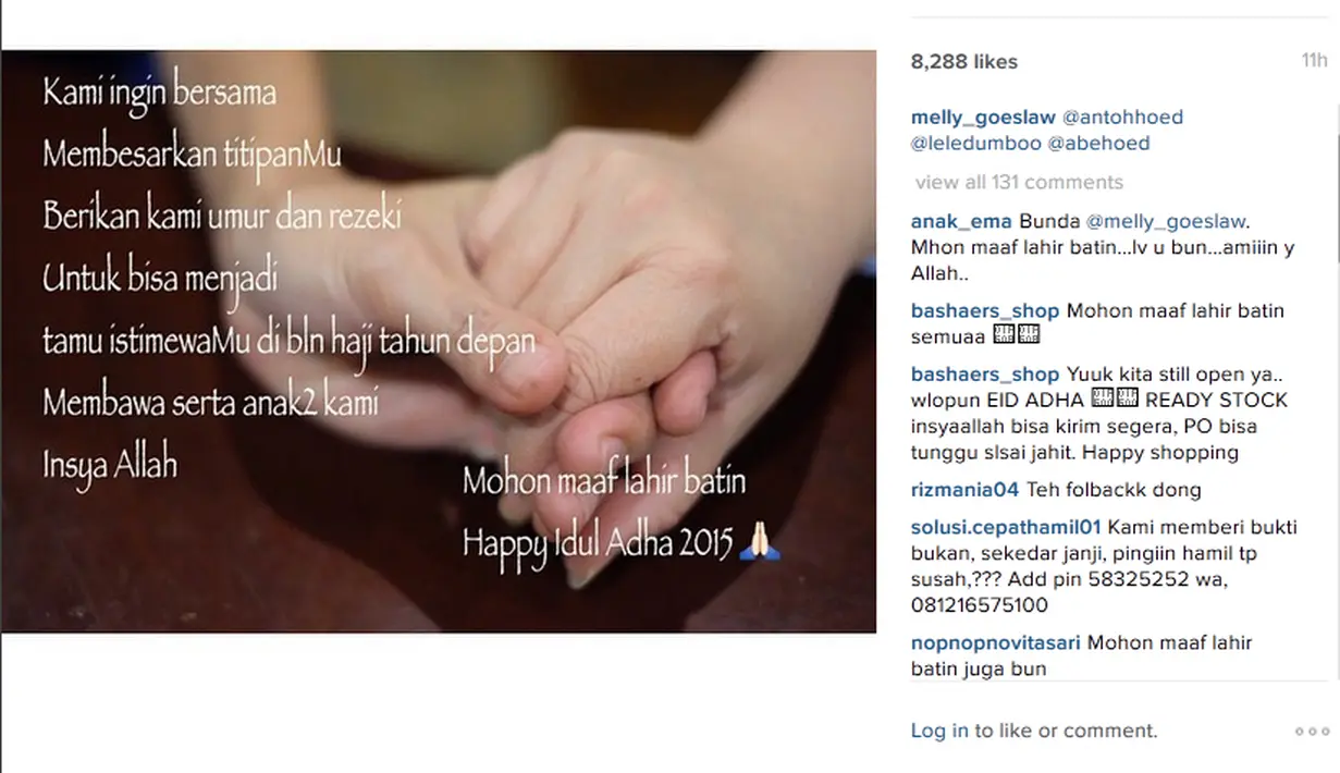 Ucapan Idul Adha dari Melly Goeslaw sekaligus berisikan doa kepada Yang Maha Kuasa. (via instagram/@melly_goeslaw)