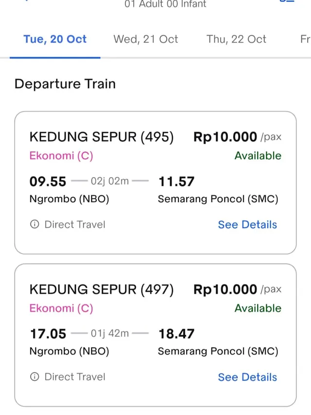 Harga dan Jadwal KA Kedungsepur Keberangkatan Semarang Poncol - Ngrombo 20 Oktober 2026