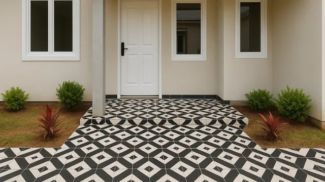 Model Teras Rumah Subsidi Tipe 36 Dengan Lantai Motif Geometris