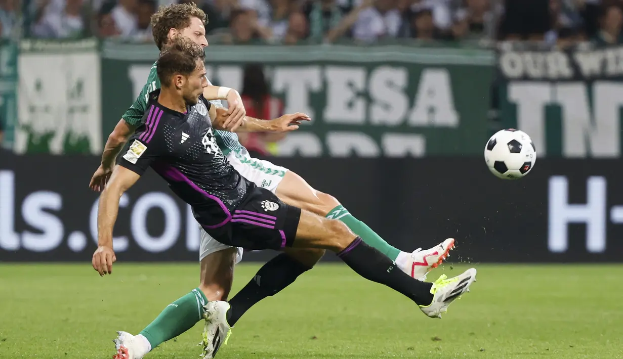 Kali ini pesta empat gol Bayern disumbang oleh Leroy Sane (4', 90'), Harry Kane (74'), dan Mathys Tel (90+4'). (Axel Heimken/dpa via AP)