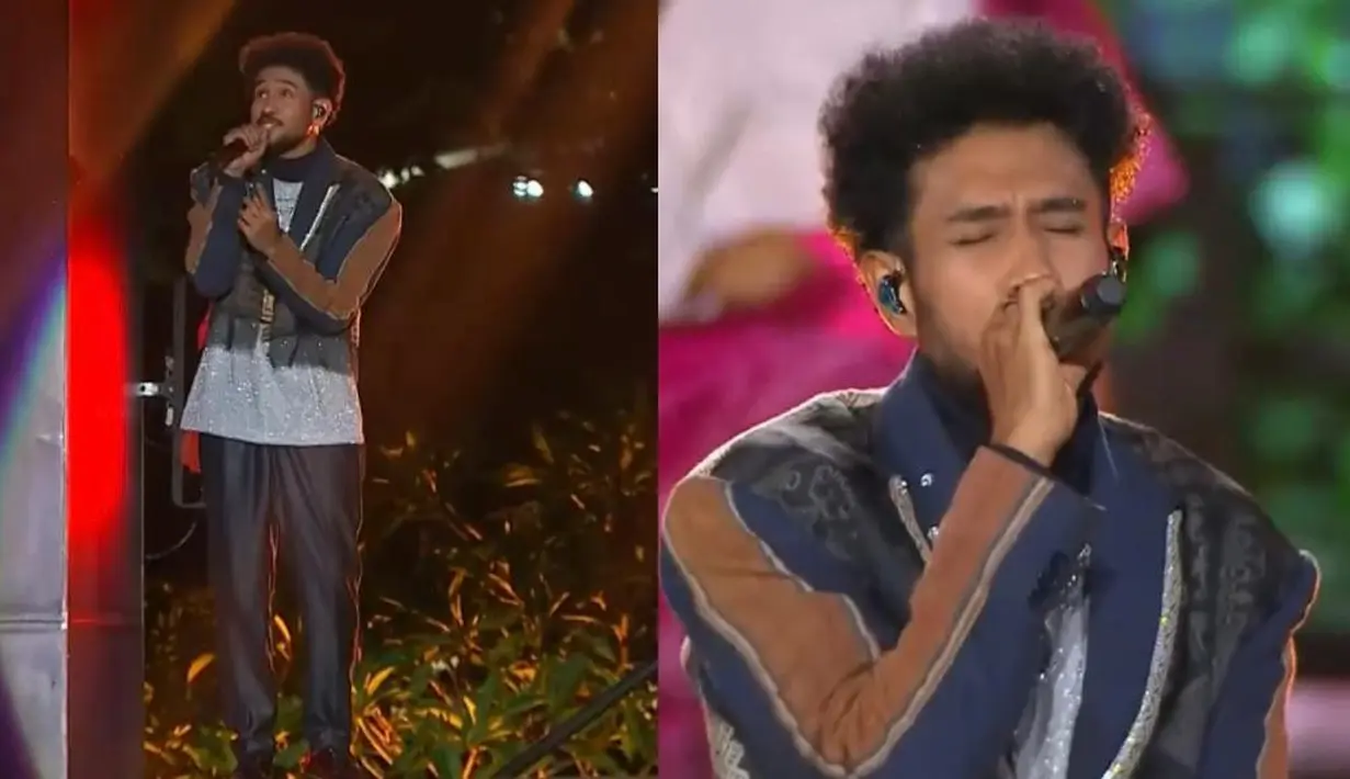 Membawakan lagu "Tomorrow (A Better You Better Me)”, Teddy tampil mengenakan kaus bling-bling yang dipadu outer motif tenun. [Youtube/Liputan 6]