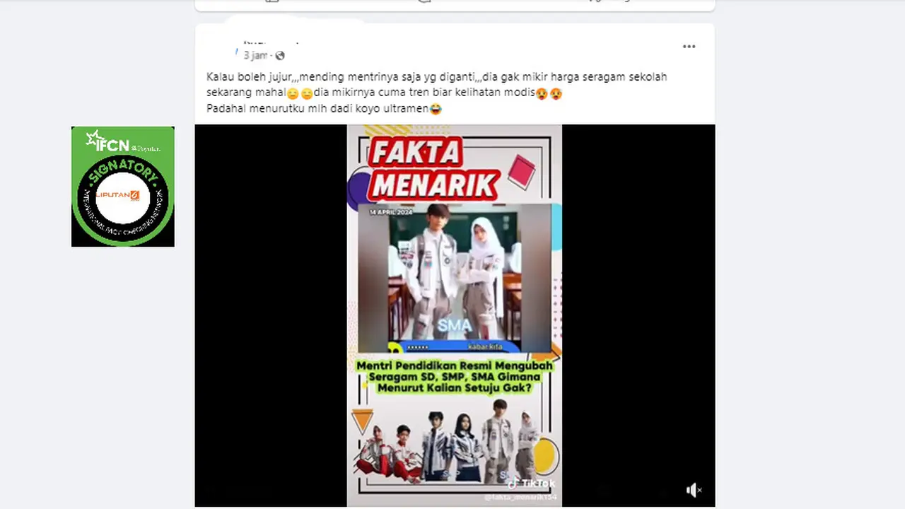 Tangkapan layar klaim menteri pendidikan mengubah seragam sekolah.