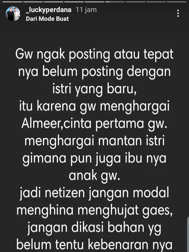 Klarifikasi Lucky Perdana. (Foto: Instagram @_luckyperdana)