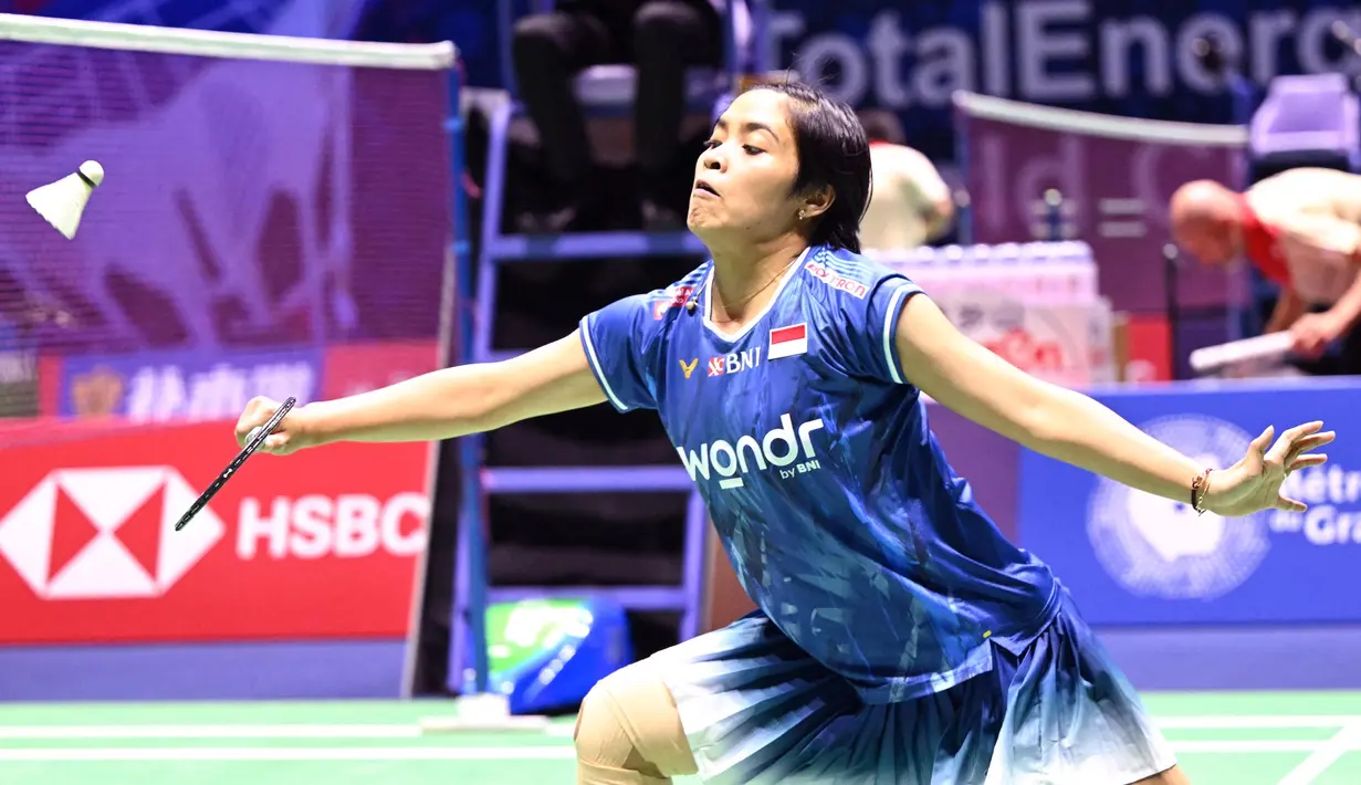 Tunggal putri Indonesia, Gregoria Mariska Tunjung berhasil menyingkirkan Petra Maixnerova dari Republik Ceko dengan 21-10 dan 21-9 di Adidas Arena, Paris, pada 25 Agustus 2025. (Bertrand GUAY/AFP)