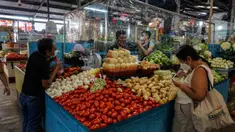 Pelanggan membeli sayuran di sebuah kios dengan sekat tirai pelindung plastik di pasar La Asuncion di Villa Nueva, Guatemala City pada 20 Juli 2020. Kios di pasar itu menggunakan tirai pelindung plastik untuk menjaga jarak fisik guna mengurangi resiko penyebaran virus Corona. (Johan ORDONEZ/AFP)