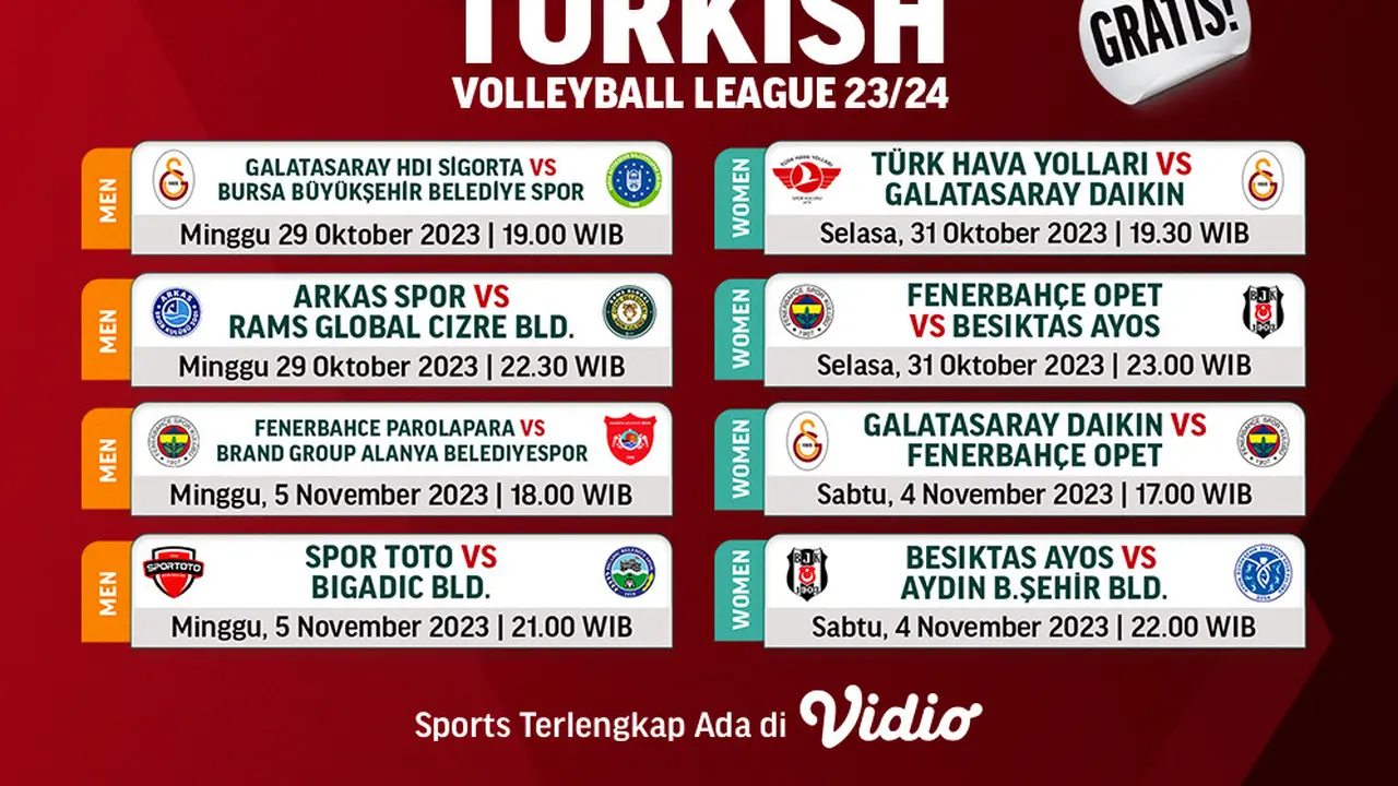 Jadwal dan Link Streaming Turkish Volleyball League 23/24: Week 3 di Vidio