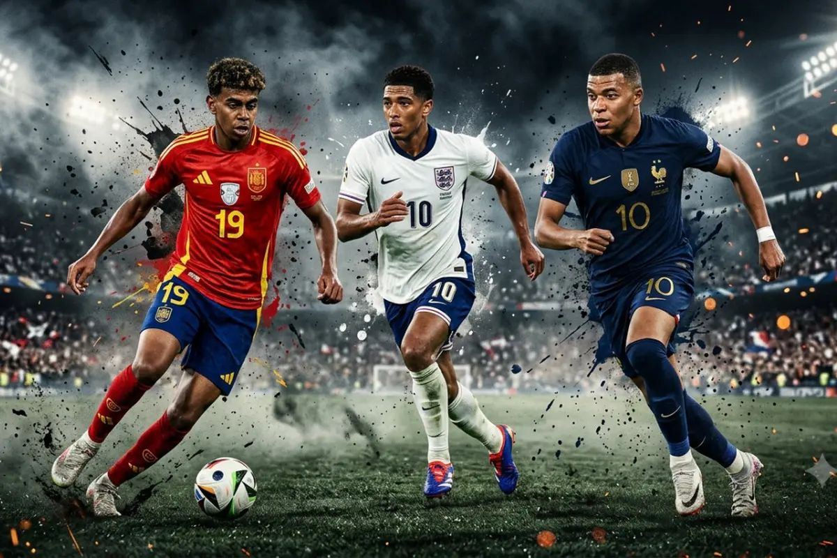 Ilustrasi Lamine Yamal, Kylian Mbappe, dan Jude Bellingham