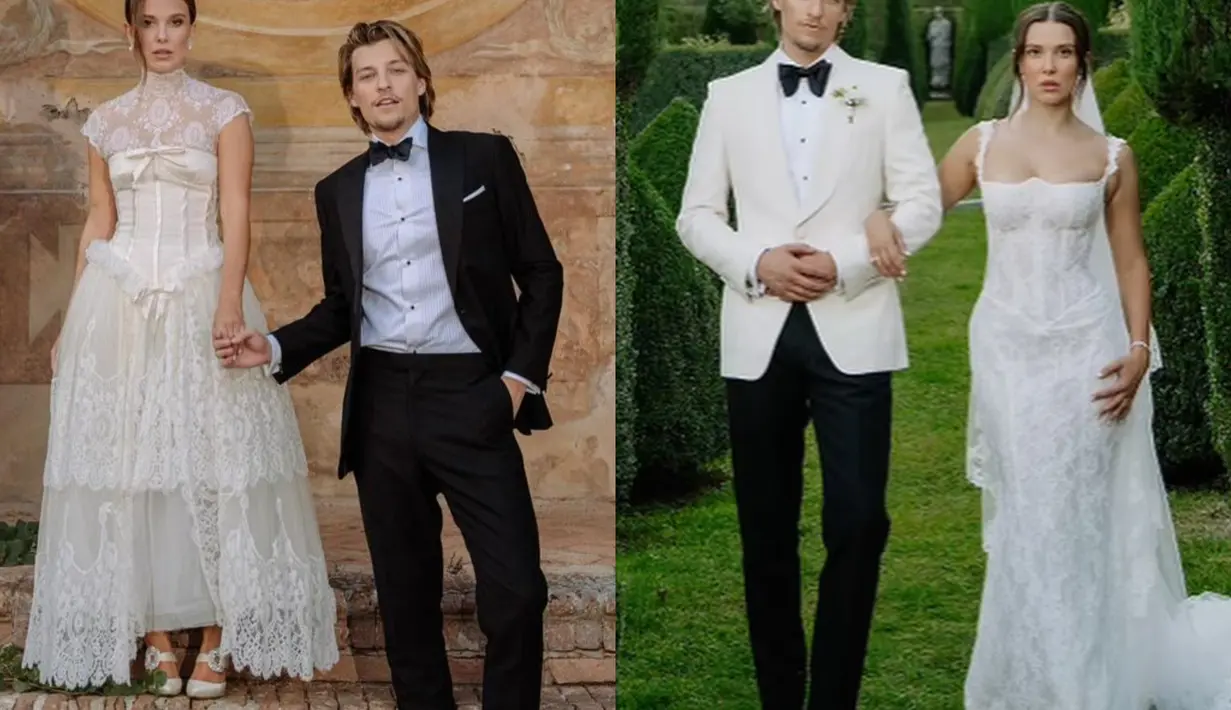 Millie Bobby Brown baru mengungkap tampilan gaun pengantin di hari pernikahannya dengan Jake Bongiovi [@miliebobbybrown @jakebongiovi]