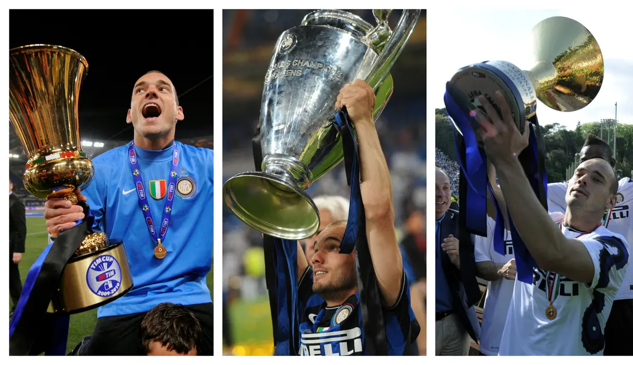 Wesley Sneijder. Gelandang asal Belanda ini meraih treble winners bersama Inter Milan pada musim 2009/2010. Ia pun dinominasikan sebagai peraih Ballon d'Or edisi 2010. Nyatanya, gelar diraih Lionel Messi yang hanya meraih satu gelar, yaitu LaLiga 2009/2010 bersama Barcelona. (Kolase AFP)