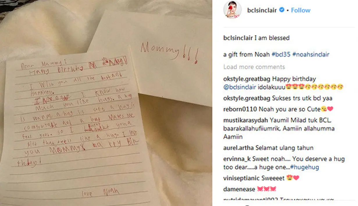 Selain pesta, di ulang tahun ke-35 nya ini BCL mendapat hadiah berupa surat dari sang buah hati. Noah menuliskan surat tersebut dengan tulisan tangannya sendiri. Tampak sederhana, namun bagi BCL ini luar biasa. (Instagram/bclsinclair)
