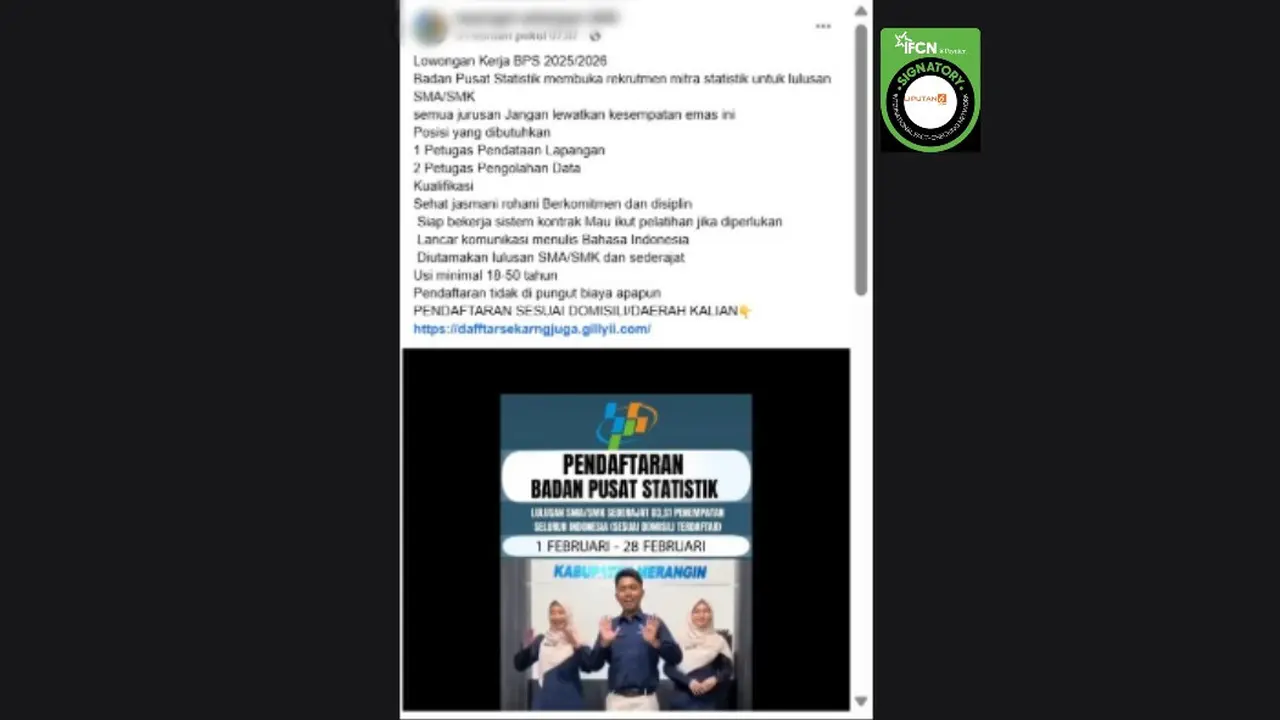 Cek Fakta Liputan6.com mendapati klaim tautan atau link pendaftaran lowongan kerja Badan Pusat Statistik (BPS). Klaim ini beredar di Facebo