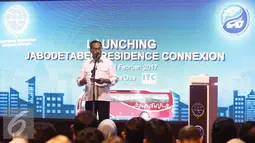 Budi Karya Sumadi memberikan sambutan dalam peluncuran Jabodetabek Residence Connexion di Jakarta, Selasa (14/2). Kawasan perumahan yang dilayani adalah yang berada di Bekasi, Bogor, Cibubur, Depok, Serpong, hingga Tangerang. (Liputan6.com/Faizal Fanani)