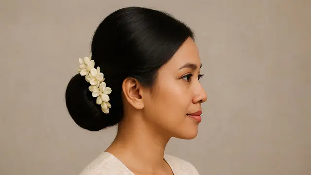 Model Rambut Sanggul Sederhana dengan Aksen Bunga untuk Rayakan 17 Agustus 2025 Kemerdekaan HUT RI ke-80/Ilustrasi AI