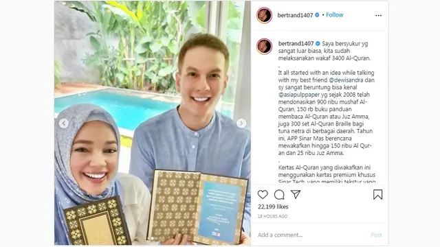 Betrand Antolin dan Dewi Sandra Wakafkan 3.400 Alquran