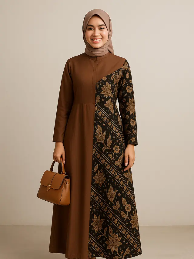 Model Gamis Batik Kombinasi Polos Kerah Shanghai 2025/ Ilustrasi gambar oleh AI